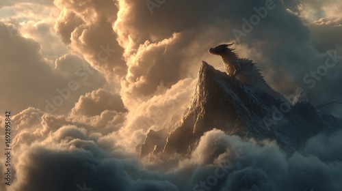 Majestic eagle perched atop a jagged peak amidst dramatic sunlit storm clouds
