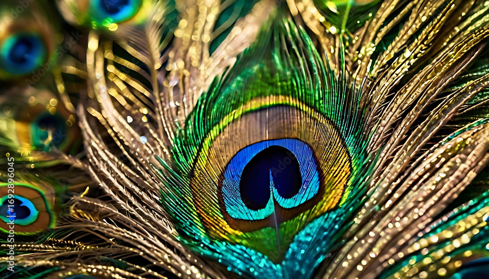 Fototapeta premium Vibrant Close-Up of Iridescent Peacock Feathers with a Central Eye Pattern