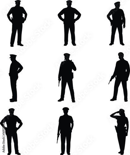 Vector illustration of police officer silhouettes, standing poses, salute, handgun, uniform, authority figures, law enforcement design, security personnel, outline art, protection concept