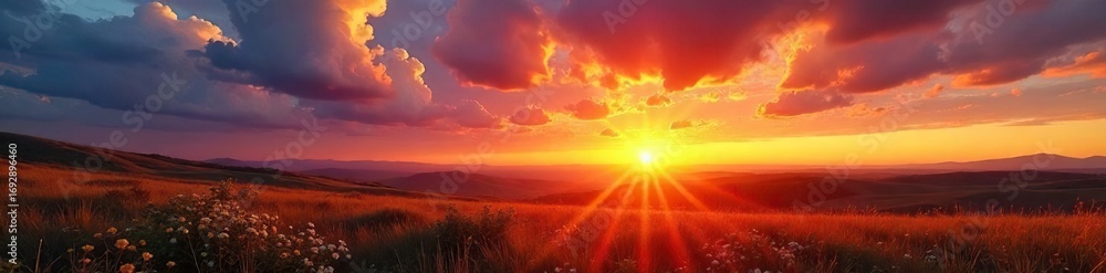 Fototapeta premium Golden hour paints the sky with vibrant hues as the sun dips below the horizon, casting long shadows across a serene landscape A breathtaking display of nature's artistry , clouds, dusk, awesome