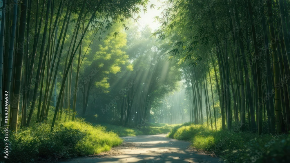 Obraz premium Sunlit bamboo forest path (2)