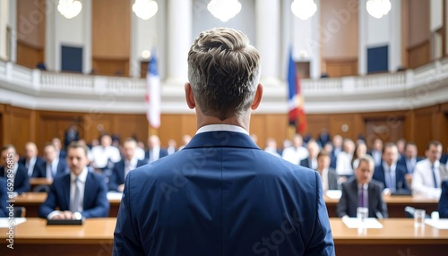A man in a blue suit addresses a large group inside a courtroom. The view is from behind him, highlighting his back as he speaks. Other individuals sit in the seats