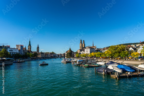 View of Zurich from the water on a sunny day
