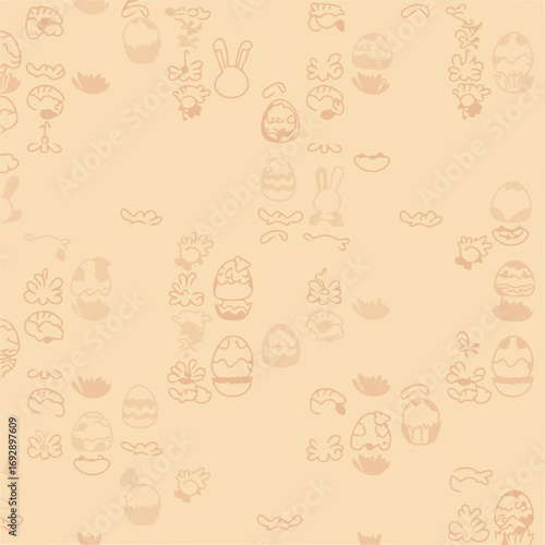 Easter bunny and egg seamless pattern design in light peach background. Cute cartoon bunnies and eggs in various poses and locations, forming a repeating pattern.