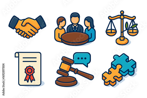 isometric mediation and justice icons , mediation handshake, legal mediation, settlement meeting, scales justice, arbitration process
