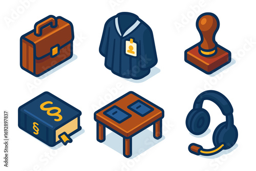 isometric law firm office icons , briefcase, judge robe, notary stamp, law book