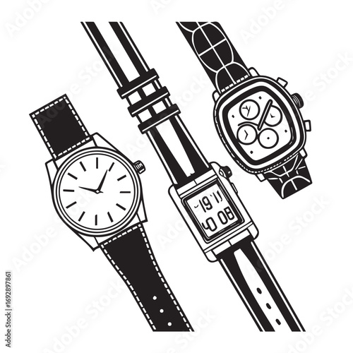 Illustration of various wristwatches isolated on white background, showcasing different styles and designs of timekeeping devices