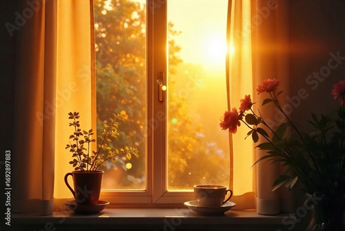 Golden hour sunlight streams through a window, illuminating dust motes dancing in the warm rays on a peaceful Sunday morning Perfect for relaxation, serenity, and home themes , peaceful, lens flare