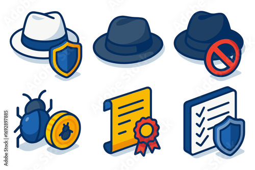isometric cyber hats and bug bounty icons , white hat, black hat, checklist