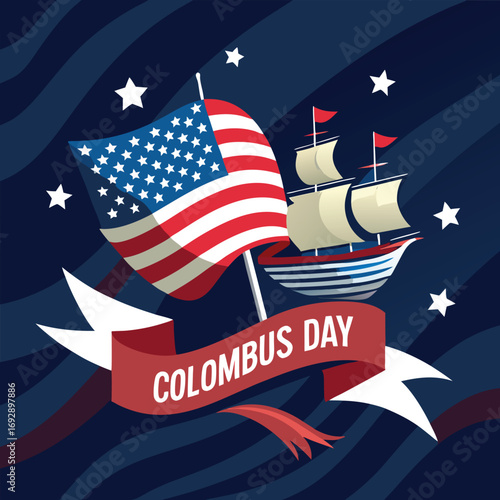 Columbus Day Celebration With American Flag And Sailing Ship