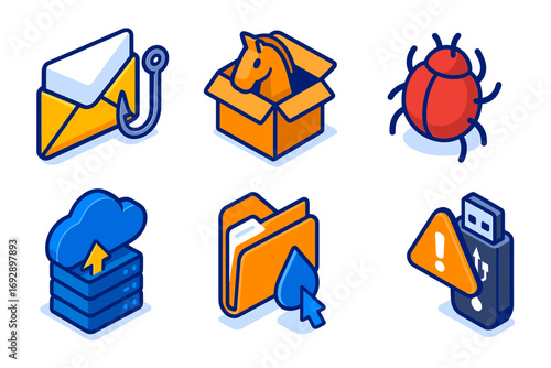 isometric cyber threats icons , phishing, trojan, virus, cloud