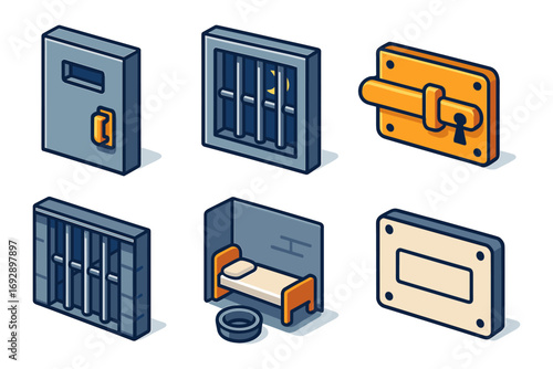isometric prison and jail icons ,bars, cell door, lock, bunk