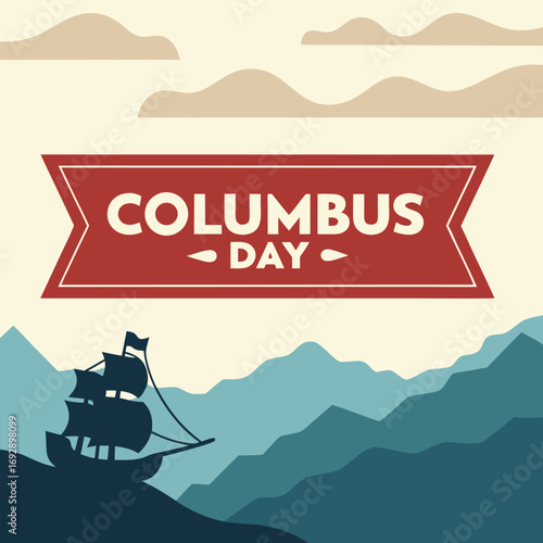Columbus Day Graphic with Silhouette Ship and Mountain Landscape
