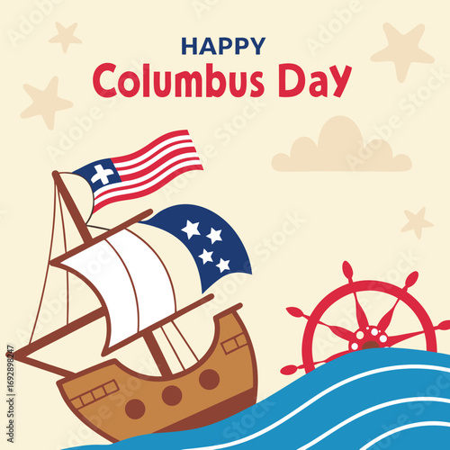 Columbus Day Illustration with Ship, Flag, and Rudder