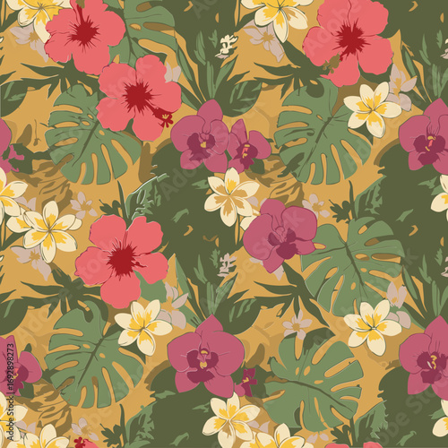 Tropical flower and leaf seamless pattern on a sandy background. Detailed design of hibiscus, plumeria, orchids, and monstera leaves, in a repeating pattern for apparel, home decor, or textile design.