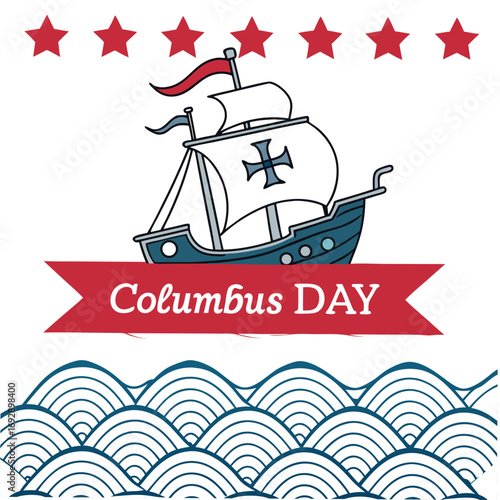 Columbus Day sailing ship with stars and waves Keywords: Columbus Day, sailing ship, caravel