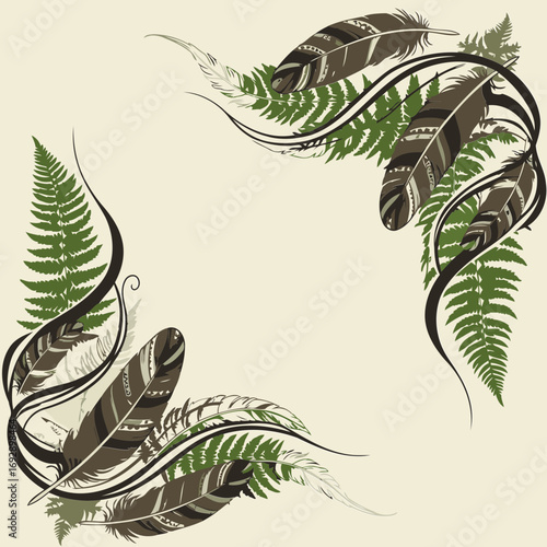 Ornamental design featuring stylized feathers and ferns in muted browns and greens on a light beige background. Intricate patterns decorate the feathers and fern fronds.