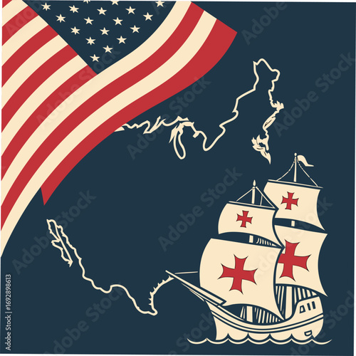 Columbus ship with US map and flag Keywords: Columbus Day, sailing ship, caravel, historical