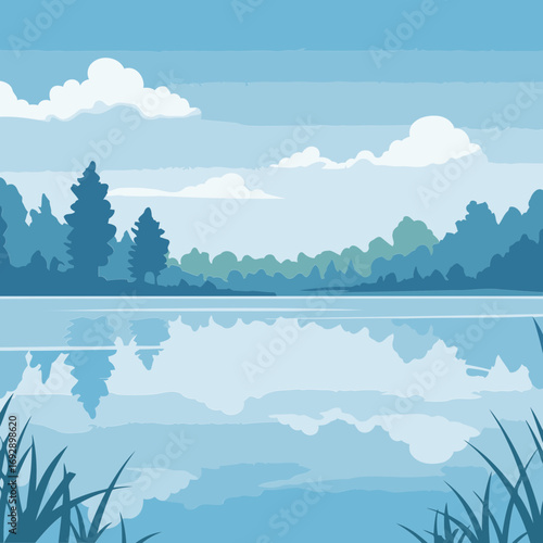 Peaceful lake scene with serene forest and reflections of clouds in the water. Calm lake landscape with trees and tranquil clouds reflected in the water.