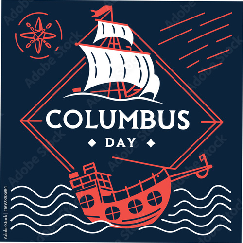 Geometric Columbus Day Design with Sailing Ship and Compass
