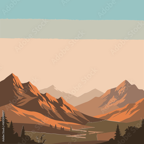 Mountain landscape at sunrise with distant peaks and valleys. Silhouette trees and vegetation in the foreground, showcasing a serene and tranquil scene.