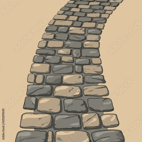 Cobblestone pathway curving gently on a textured beige background. Detailed, hand-drawn illustration of a winding pathway made of various shades of gray and tan cobblestones.