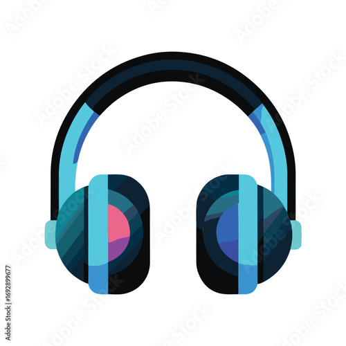 Modern blue headphones with black headband and colorful earcups, isolated on white background