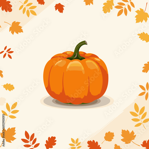 Orange pumpkin with autumn leaves in background. Single pumpkin standing alone with fall leaves surrounding it in a neutral background. Illustration of a fall scene -