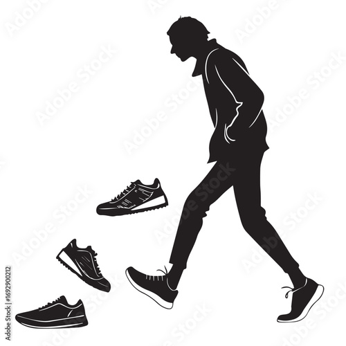 Silhouette of a person walking with shoes isolated on white background, showcasing footwear and movement in a minimalist style