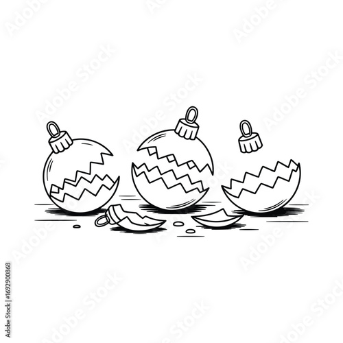 Black and white line drawing of three broken Christmas ornaments with jagged edges in minimalist style