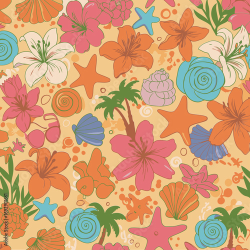 Colorful floral and seashell summer pattern on a sandy background. A repeating design of tropical flowers, seashells, starfish, and palm trees.