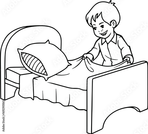 Boy making bed illustration, child doing chores, clean bedroom activity, line art drawing for coloring pages, flat cartoon vector design