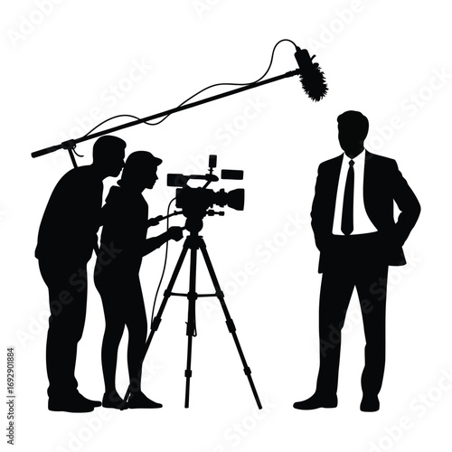 Black and white silhouette illustration of a professional video production setup with camera operators, boom microphone, and suited figure