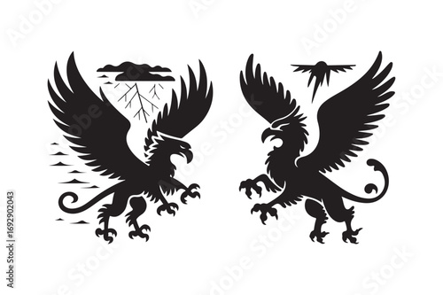 Two black silhouette griffins in flight with stormy background