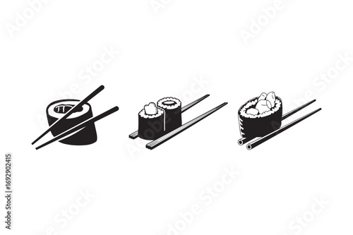 Three sushi rolls with chopsticks isolated on white background