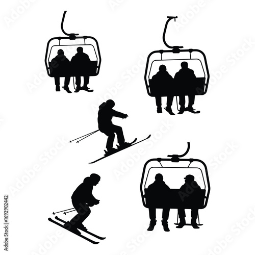 Black and white silhouette illustration of a ski lift with multiple passengers and skiers in various positions on a white background