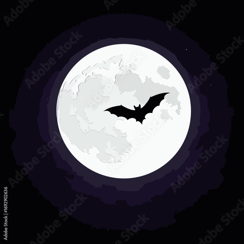 Silhouette of a bat in flight against a full moonlit night sky. Spooky Halloween graphic design element. Night sky scene illustration. A Halloween-themed decorative graphic.