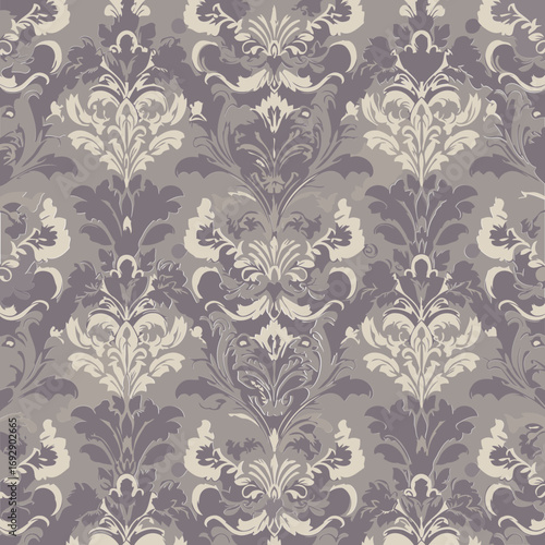 Elegant damask wallpaper pattern with gray and cream tones. Ornate floral designs create a rich and luxurious visual texture.