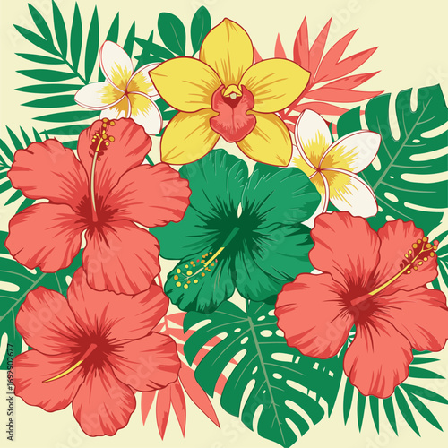 Tropical flower arrangement with vibrant hibiscus, orchids, and plumeria blossoms displayed on lush green foliage. Colorful floral design with varied textures and depth on a pale yellow background.