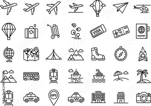 Black-and-white travel icon set featuring transportation, documents, destinations, gear, and nature for tourism, education, design, and adventure themes