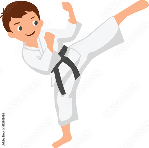 Cartoon martial arts boy practicing high kick, wearing karate uniform with black belt, cad drawing flat vector illustration, isolated on white background