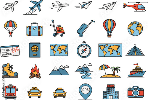 Colorful travel and transportation icon set featuring vehicles, landmarks, maps, gear, and nature for tourism, design, education, and adventure
