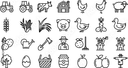 Farm icon set, black and white, tractor, barn, farmer, crops, animals, tools, windmill, vector, isolated, agriculture bundle