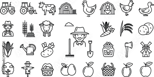 Farm icon set, black and white, tractor, barn, farmer, crops, animals, tools, windmill, vector, isolated, agriculture bundle