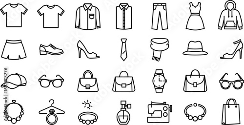 Fashion icon set, black and white, clothing, accessories, shoes, jewelry, perfume, sewing, vector, isolated, apparel style bundle