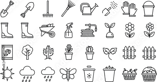 Gardening icon set, black and white, tools, plants, flowers, weather, nature, bee, tree, vector, isolated, outdoor bundle