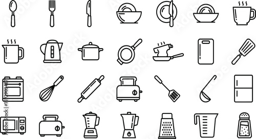 Kitchen icon set, black and white, utensils, cookware, appliances, food prep, blender, kettle, vector, isolated, culinary bundle
