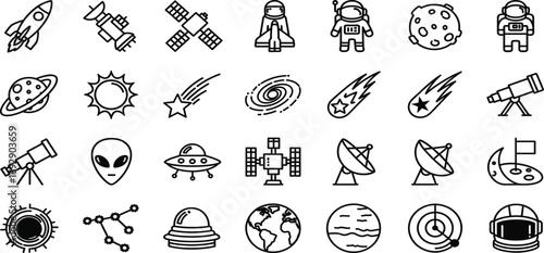 Space icon collection, black and white, astronaut, rocket, telescope, planet, moon, satellite, galaxy, science, vector, isolated, bundle