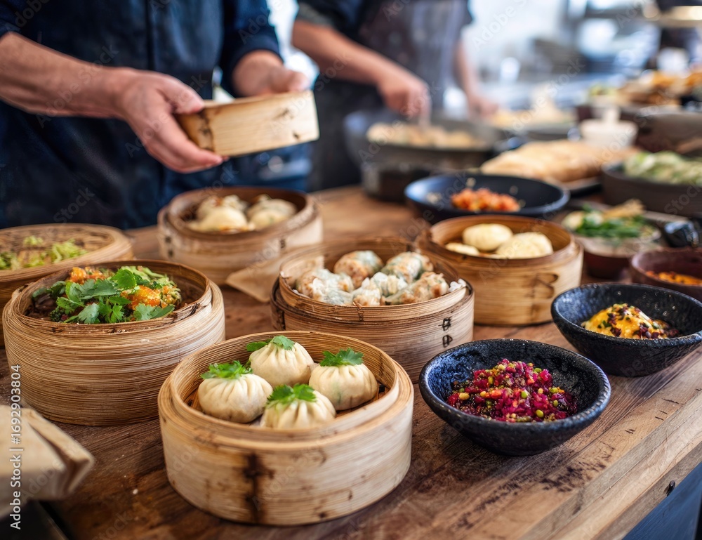 Obraz premium Wooden steamer baskets filled with diverse dumplings and Asian dishes