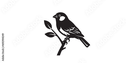 Black and white silhouette of a bird perched on a twig